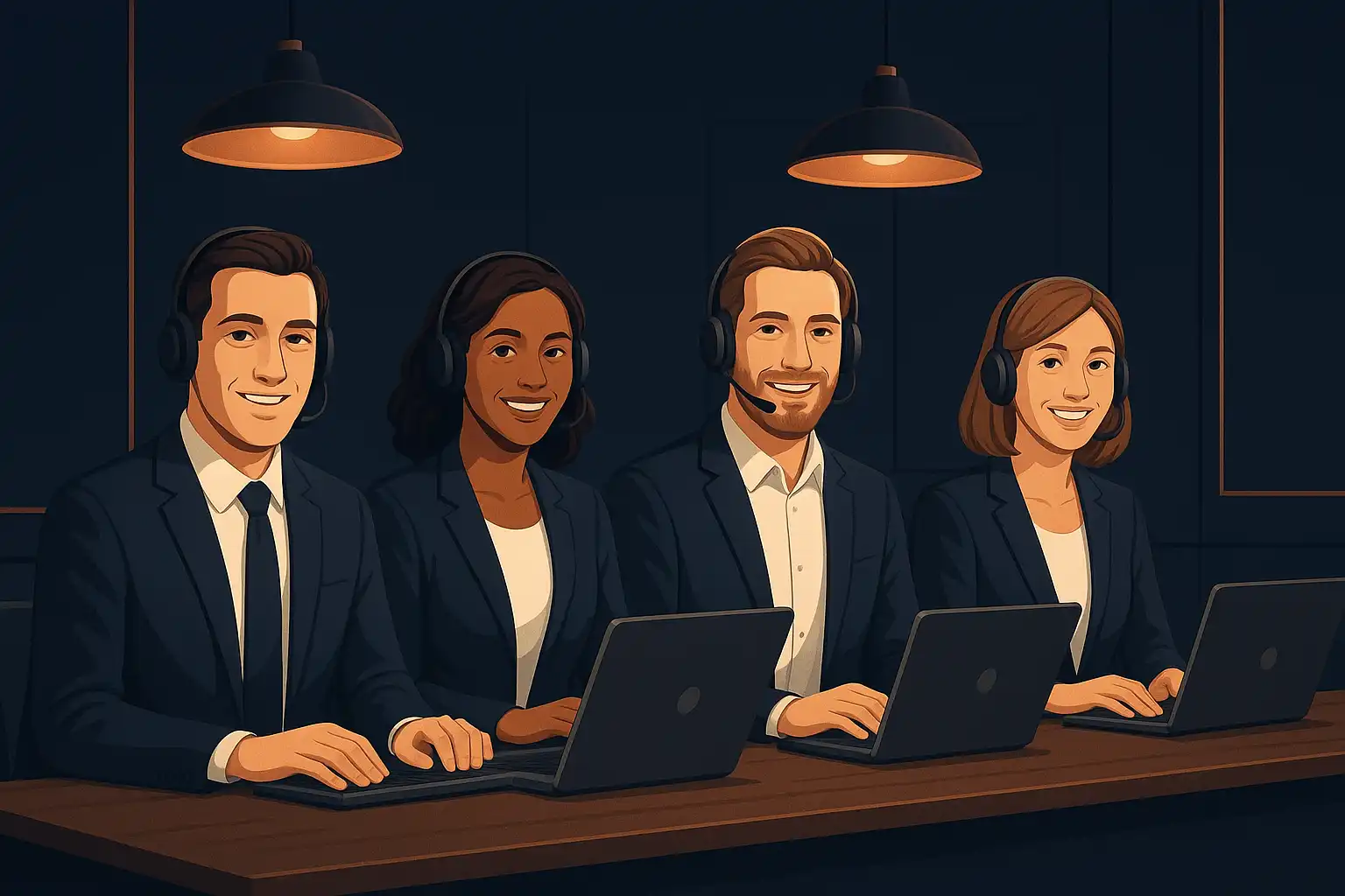 Team of casino support staff at a dark navy desk with copper accent lighting