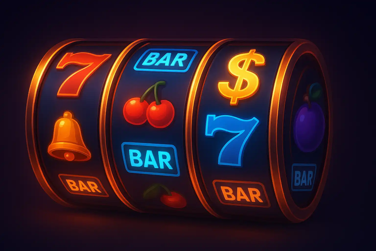 Collection of colourful slot machine reels glowing against a dark navy background